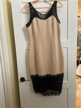 new york and company black lace dress New York And Company XL Black Lace Dress Has Beige Lining V Neck Chest Detail